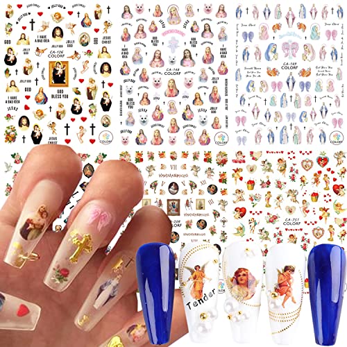 God Jesus Nail Art Stickers, Angel Christ Virgin Maria Love Cupid Flowers Nail Art Decals, Holographic 3D Angel Self-Adhesive Nail Sticker Design For Women Girls Manicure Charms Decorations #TOP19