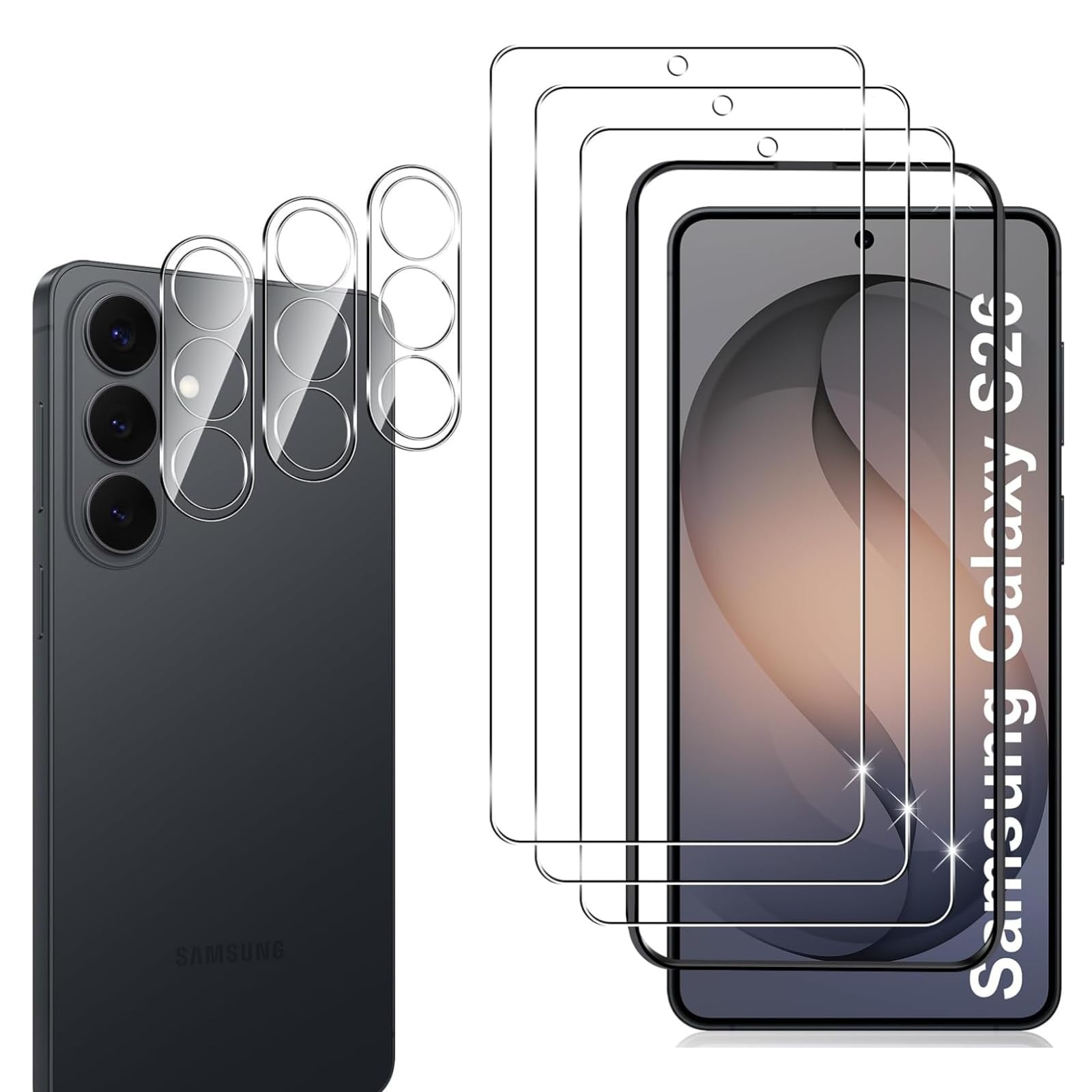 3 Pièces Verre Trempé pour Samsung Galaxy S26 avec 3 Pièces Caméra Arrière Protection Accessoire, 9H Dureté, Avec Outil D'alignement Facile, Anti-Rayures, Sans Bulles Protection écran