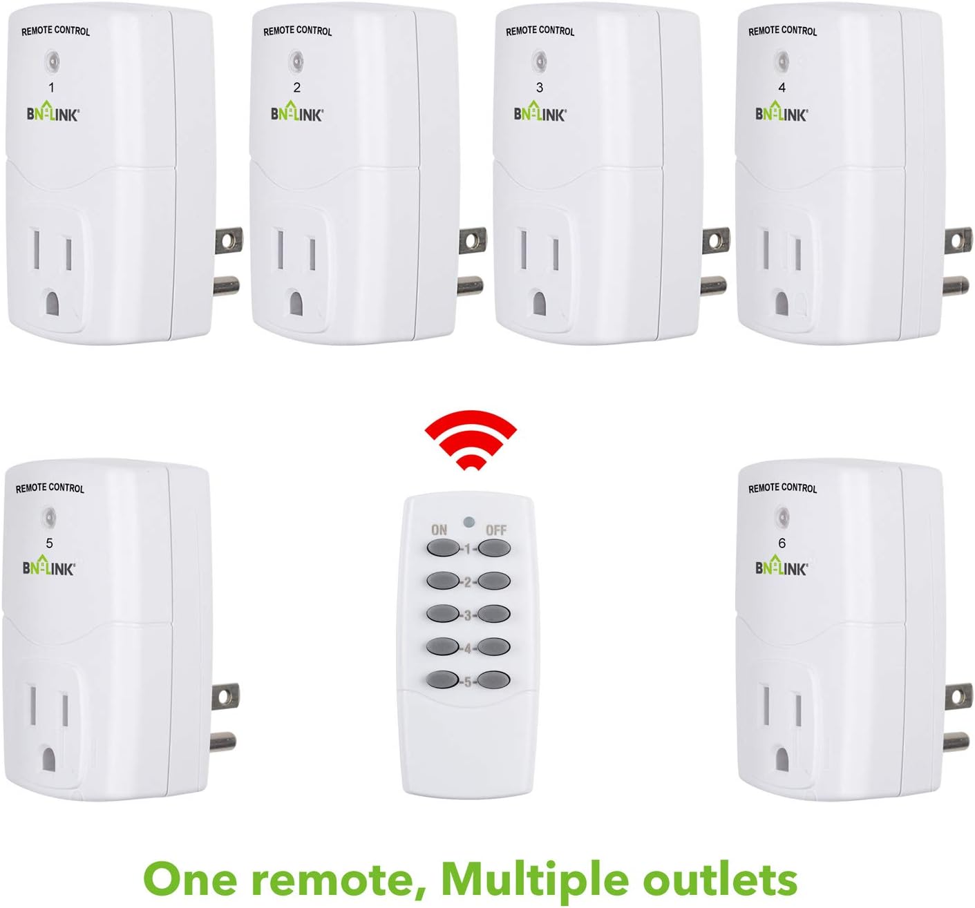 BN-LINK Mini Wireless Remote Control Outlet Switch Power Plug in for Household Appliances, Wireless Remote Light Switch, LED Light Bulbs, White (2 Remotes + 5 Outlets) 1200W/10A - - 