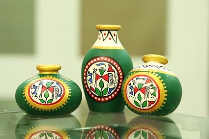 CRAFTBELL Terracotta Warli Handpainted Table Flower Vase/Show Pieces (Green, Standard Size) - Set of 3, Stone