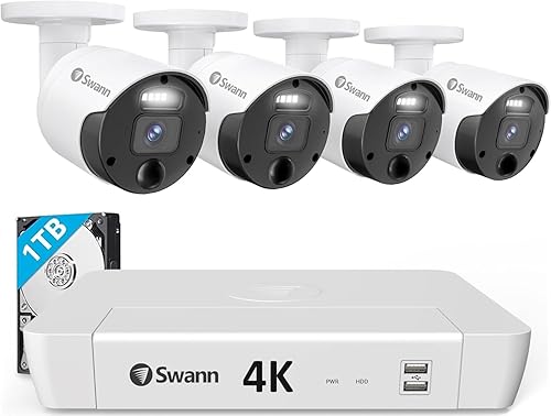 SWANN Master 4K Sistema de cámara de seguridad para el hogar de 8 canales, NVR de 1 TB, 4 cámaras IP PoE al aire libre, CCTV de vigilancia con cable