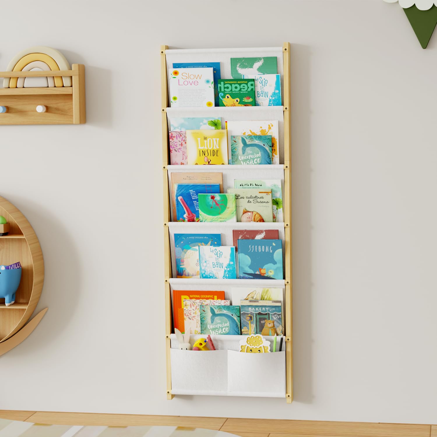 Bücherregal Kinder Wand Holz, mit 6 Lagige Taschen Wandregal Bücher Kinder, Montessori Bücherregal für Spielzeug, Kinderzimmer, Baby Zimmer, Spielzimmer, Kinderregal Bücher Aufbewahrung, 118*42CM