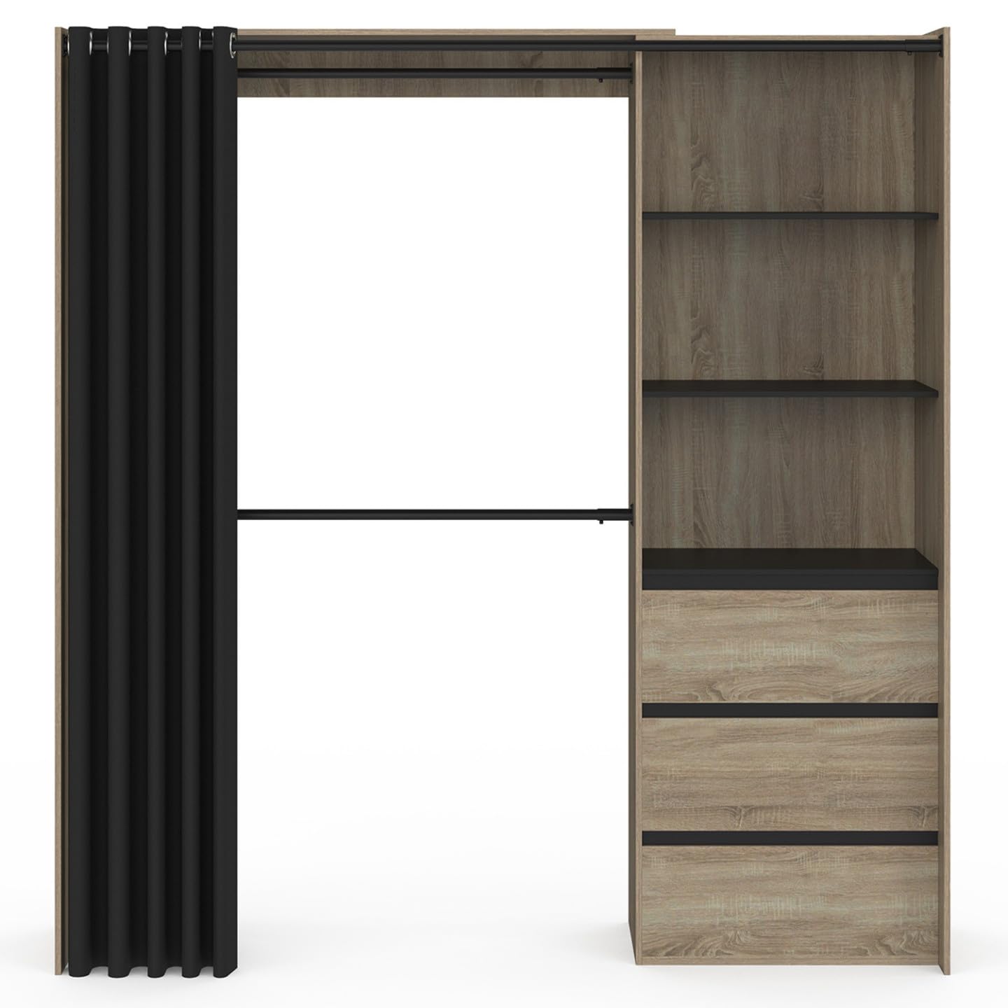 IDMarket - Dressing extensible MARTY 120/170 x 50 x 180 cm hêtre avec 3 tiroirs + étagères + double penderie + rideau noir