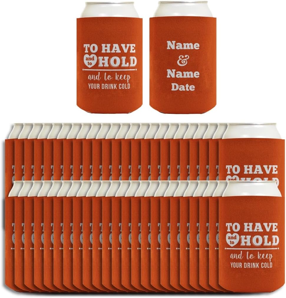 Wedding Guest Gifts Have Hold Keep Drink Cold Names & Date 48-Pack Personalized Drink Can Coolers Burnt Orange