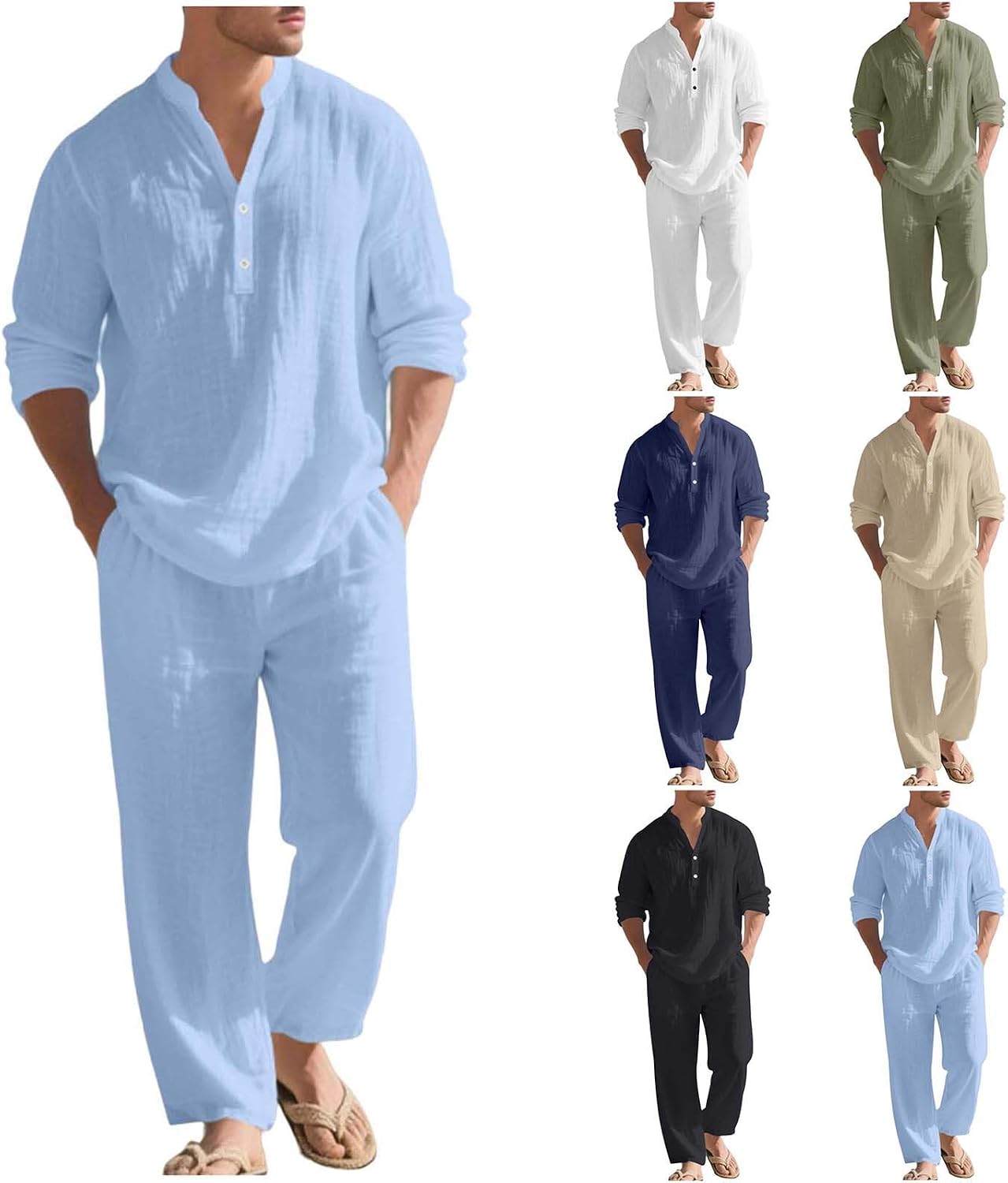 Cambkatl Men's 2 Piece Linen Outfits Loose Long Sleeve Casual Stand Collar Shirts and Beach Pants Vacation Matching Sets