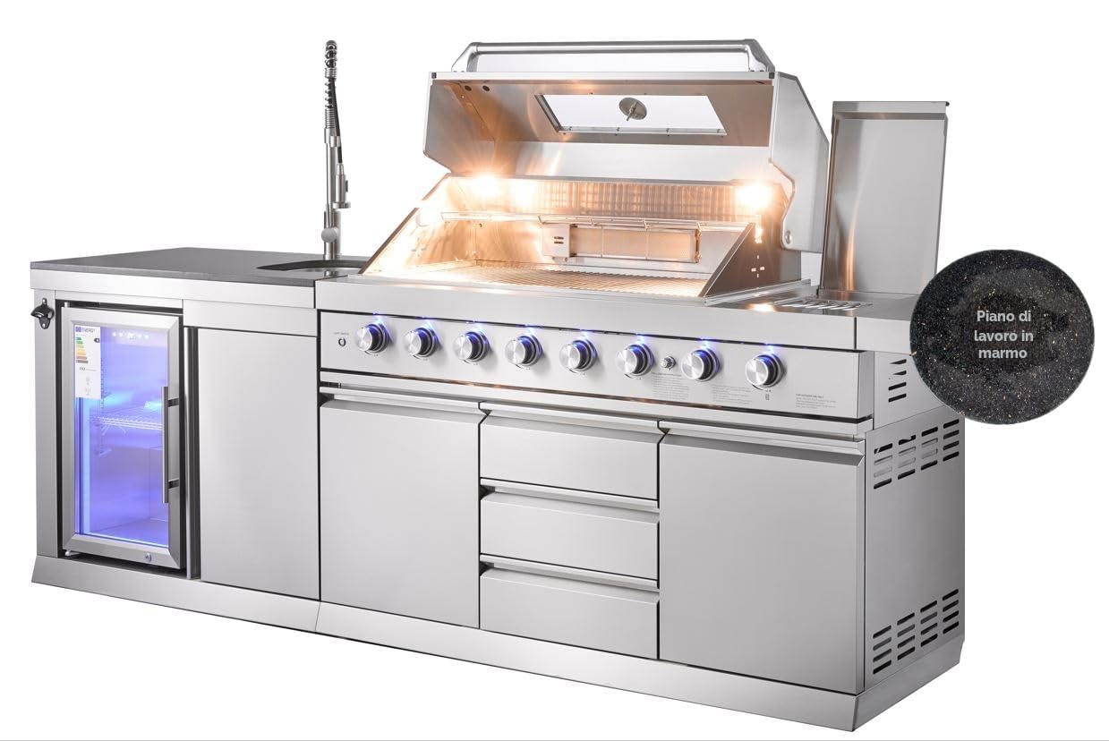 GORILLER® SG213 - Cucina per esterni, in acciaio inox/argento, con girarrosto e parapioggia