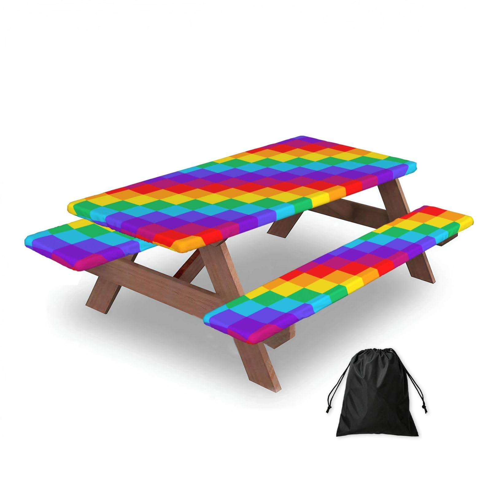 Rainbow Plaid Pattern, Picnic Table Cover With Bench Covers -Waterproof Elastic Fitted Tablecloth for Garden Camping Patio 76x152cm