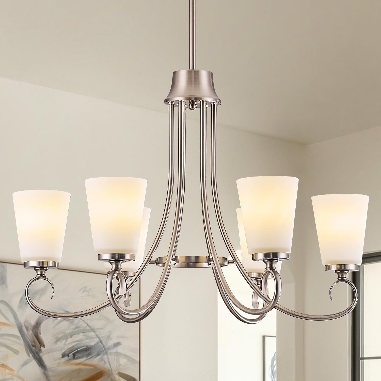 Brushed Nickel Farmhouse Chandelier Rustic Dinner Room Chandelier with Frosted Milky White Glass Lampshade Silver Durable Metal Ceiling Hanging Light Fixture for Kitchen Island Living Room Over Table