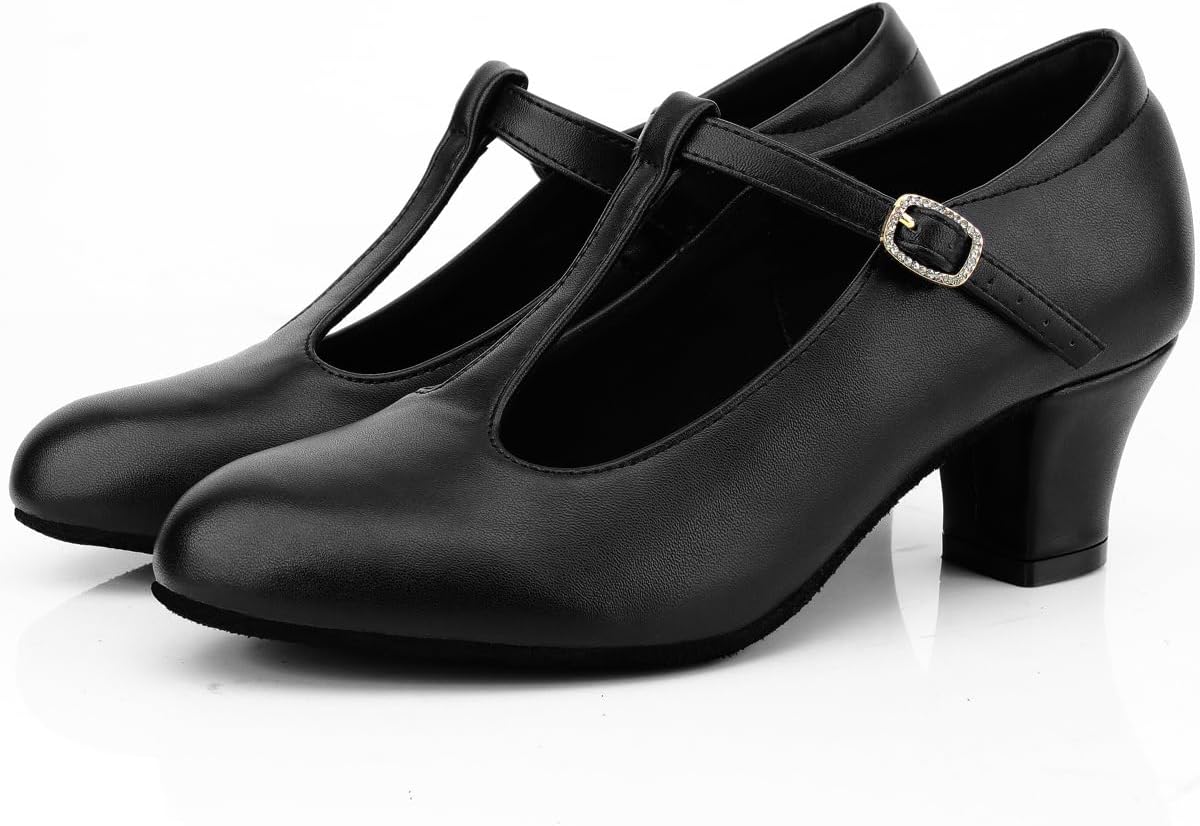 Women's T-Strap Character Shoes Latin Ballroom Dance Heels Black Wedding Pumps - Image 2
