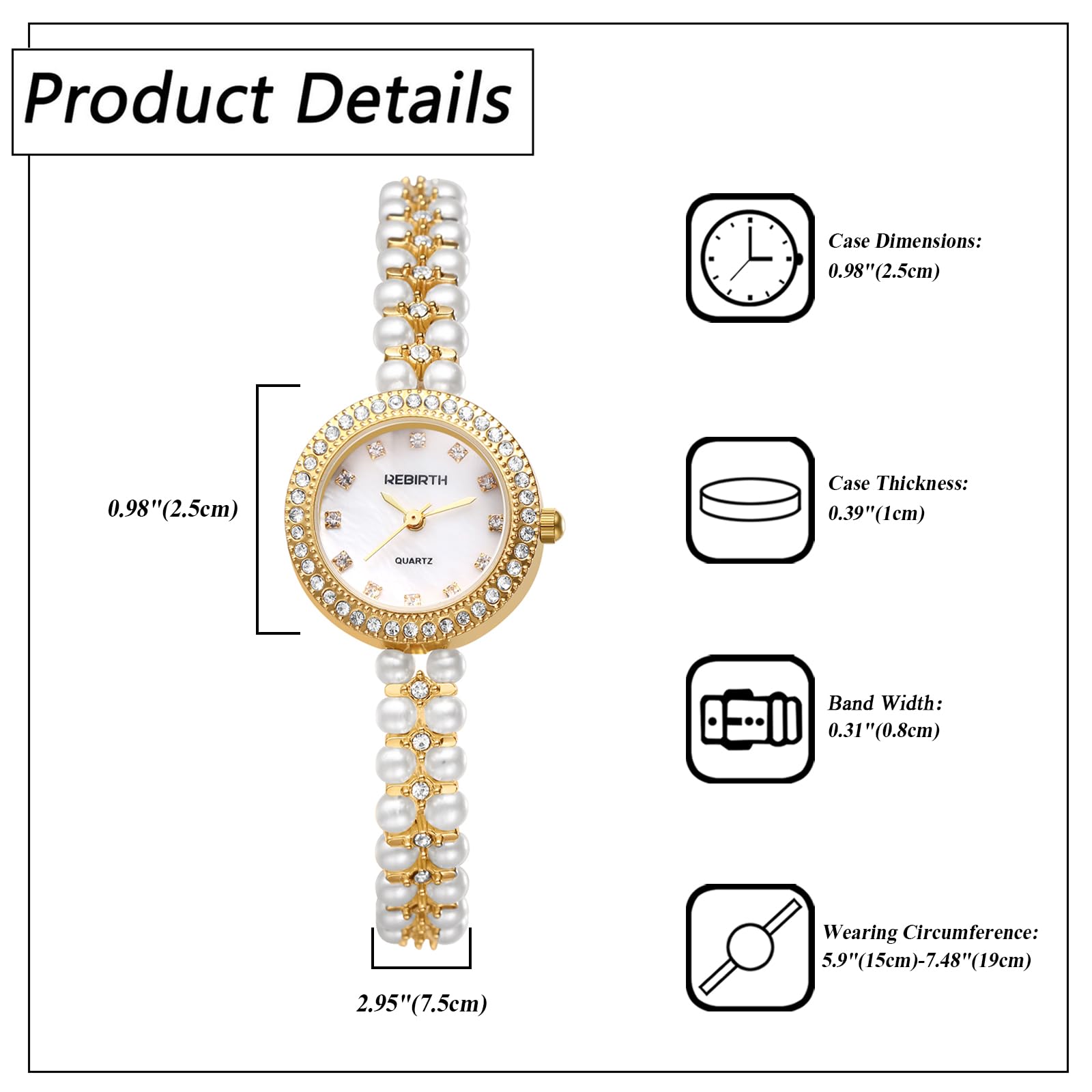 JewelryWe Damenuhr Strass Perlen Uhr 30m Wasserdicht Glitzer Diamant Perlenuhr Damen Analog Quarz Armbanduhr Elegant Klein Rund Lässige Uhr mit schmalem Metallarmband