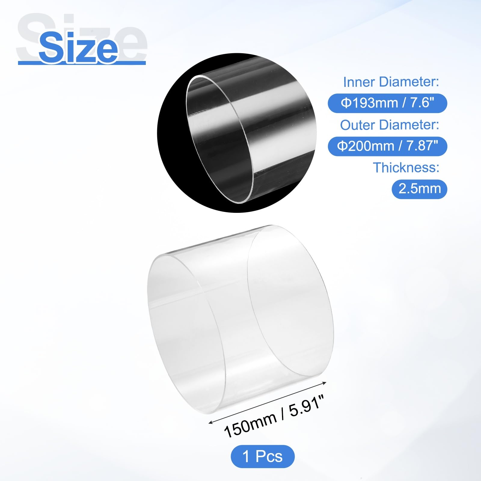 Tubo Rígido De Acrílico Transparente 193 mm DI x 200 mm DE 6" Policarbonato Tubería Plástico