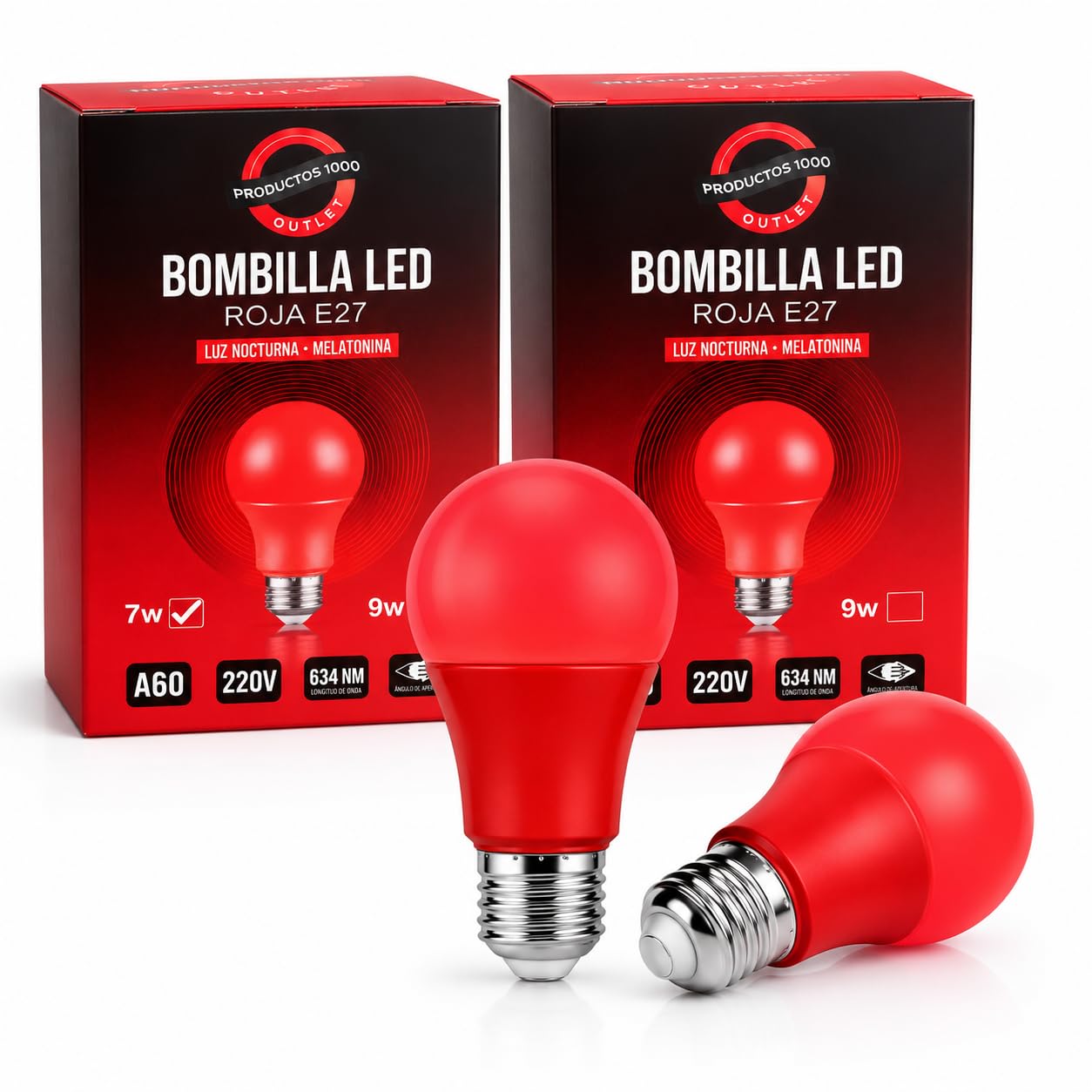 Bombilla Luz Roja E27 para Dormir y Melatonina | Pack 2 Bombillas LED de 7W Nocturnas 634nm sin Luz Azul | Luz Roja Bebé, Descanso y Biohacking | Anti Flicker (7, Vatios)