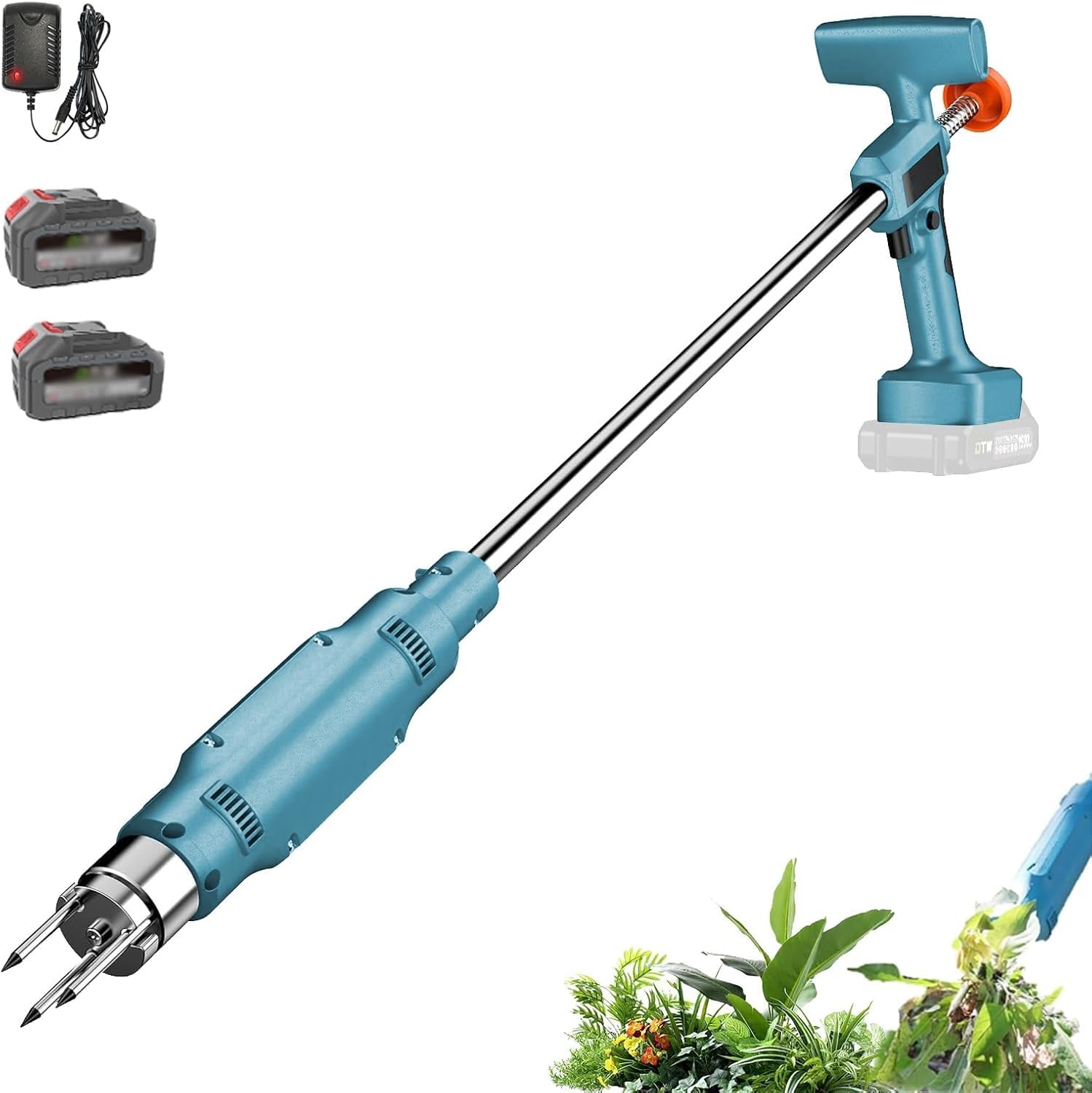 Desmalezador eléctrico inalámbrico, de pie para jardín, con Cabezal de 3 Garras, Ancho de Trabajo de 30 cm, para césped y jardín.