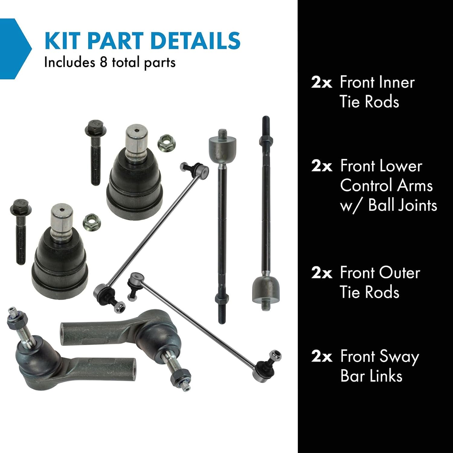 Diagram of the 8-piece kit components including inner tie rods, lower ball joints, outer tie rods, and sway bar links