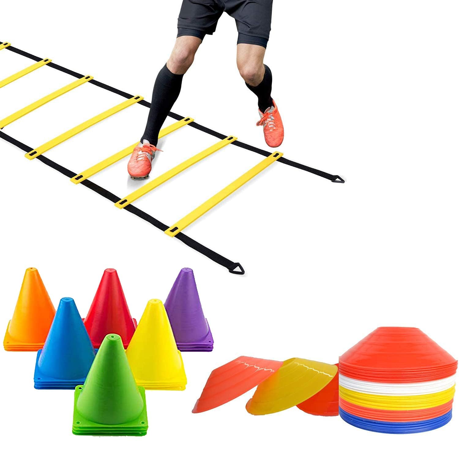 as sports fitness combo: 6-inch stacking cones (6 pcs), 10-pc space markers, and 4m agility ladder - sstp, pvc, multicolor