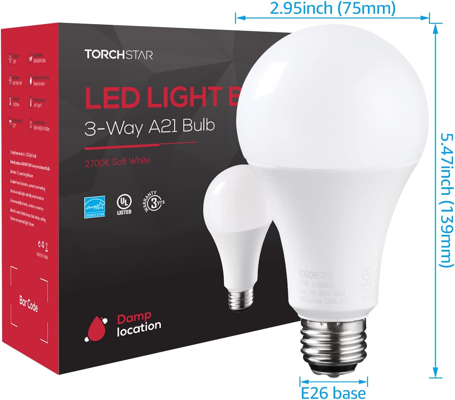 TORCHSTAR 3-Way LED Bulb A21, 3 Way LED Light Bulbs 40/60/100W Equivalent, UL & ES Listed, Flicker Free Bulb for Floor, Table, Touch Lamp, E26 Standard Base, Non-dimmable, 2700K Soft White, Pack of 4