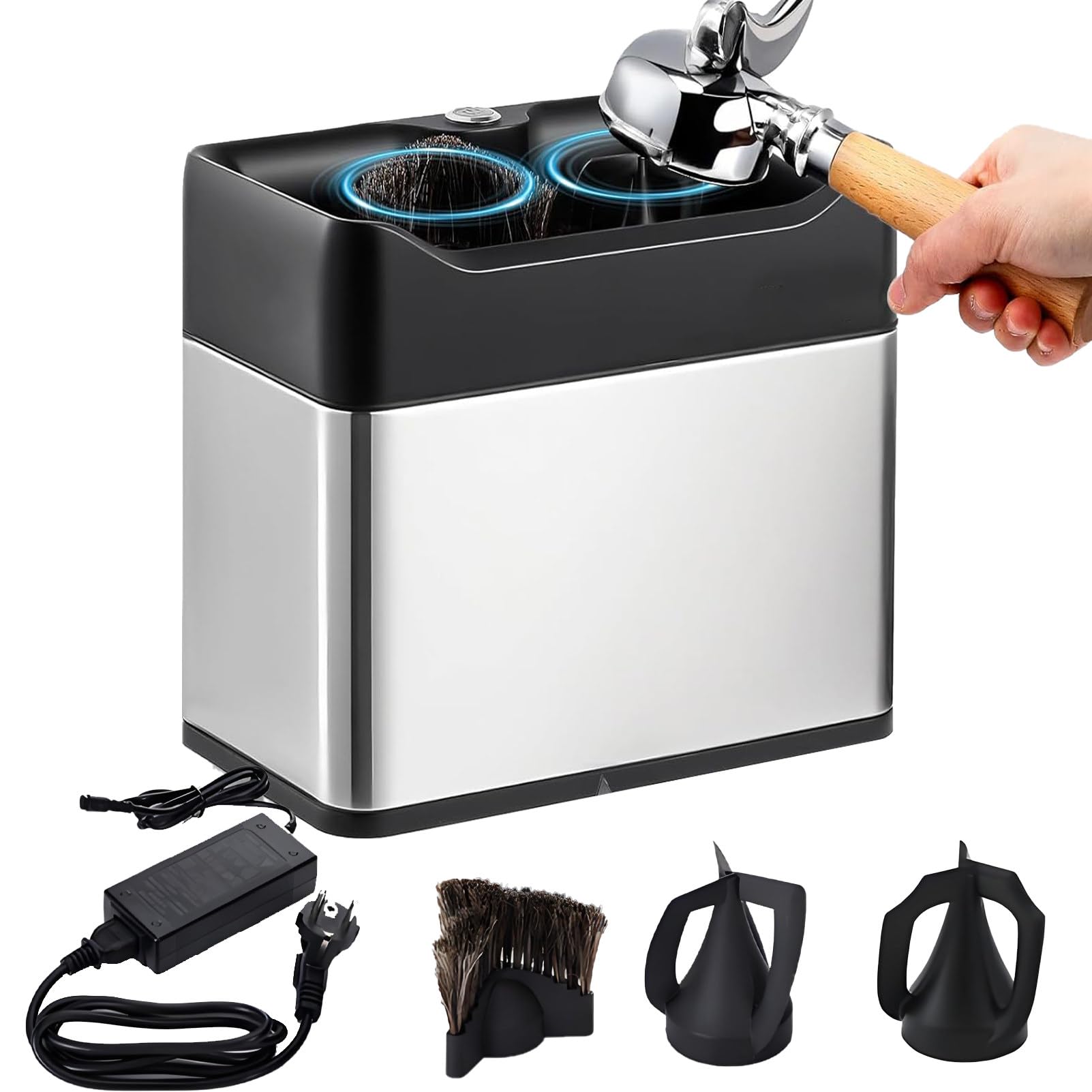 DNEPEI Electric Portafilter Cleaner,Automatic Portafilter Cleaning Machine with 2 scrapers designed to fit 58mm single, and 58mm double cup portafilter baskets for coffee shops, kitchens Silver