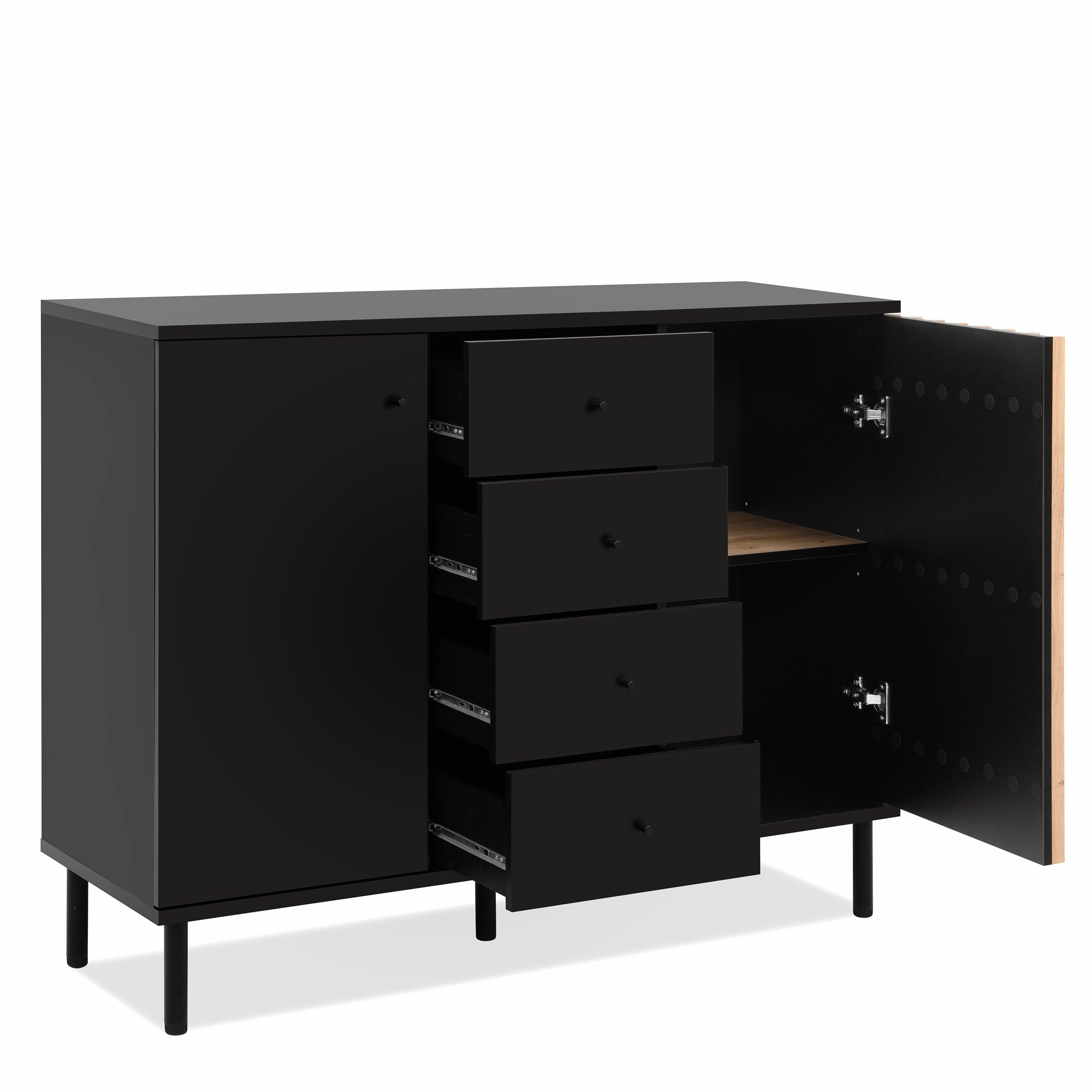 Newroom Kommode mit Schubladen Schwarz Wildeiche Sideboard Flur | Lamellenfront Vintage, 2 Türen und 4 Fächer, Anrichte Highboard modern, Metallbeine, Wohnzimmer Schlafzimmer