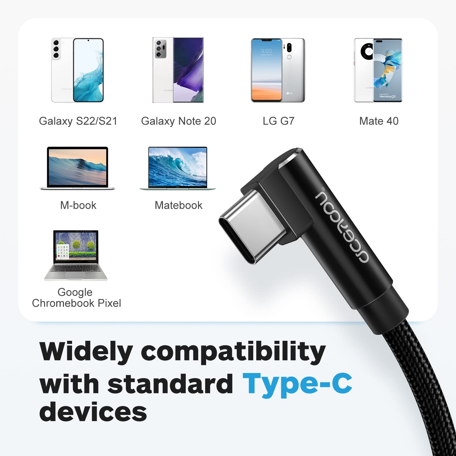 Aceyoon Cavo USB Type-C 90 Gradi 20cm, Ricarica Rapida, Corto in Nylon