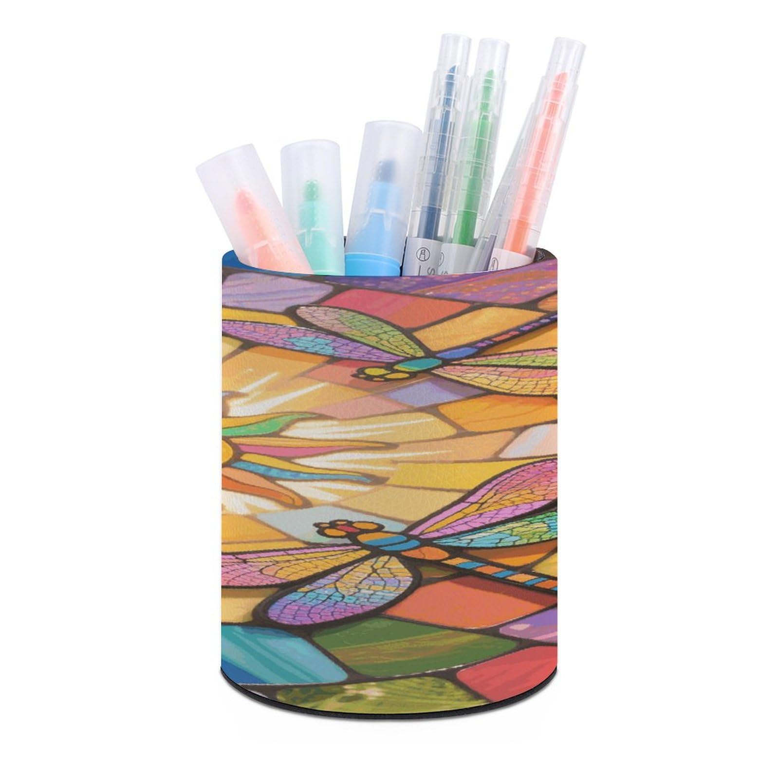 VstaDank Stained Glass Dragonfly Pen Holder for Desk Makeup Brush Holders Stylish Pen Cup Cute Pencil Cup Round Pencil Holder Decor Brush Scissor Holders for Multifunctional Office Supplies