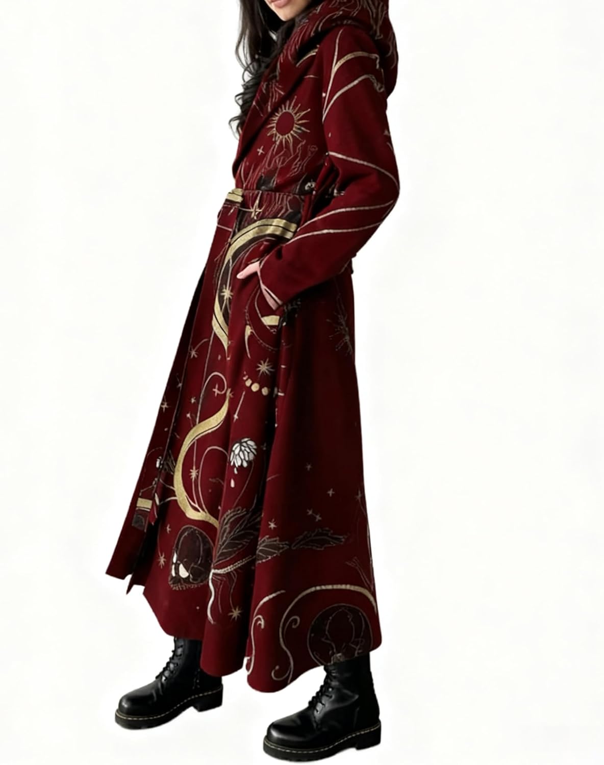 Women Long Wool Trench Coat Gothic Winter Open Front Belted Overcoat Casual Wool Blend Peacoat Fall Jacket with Hood