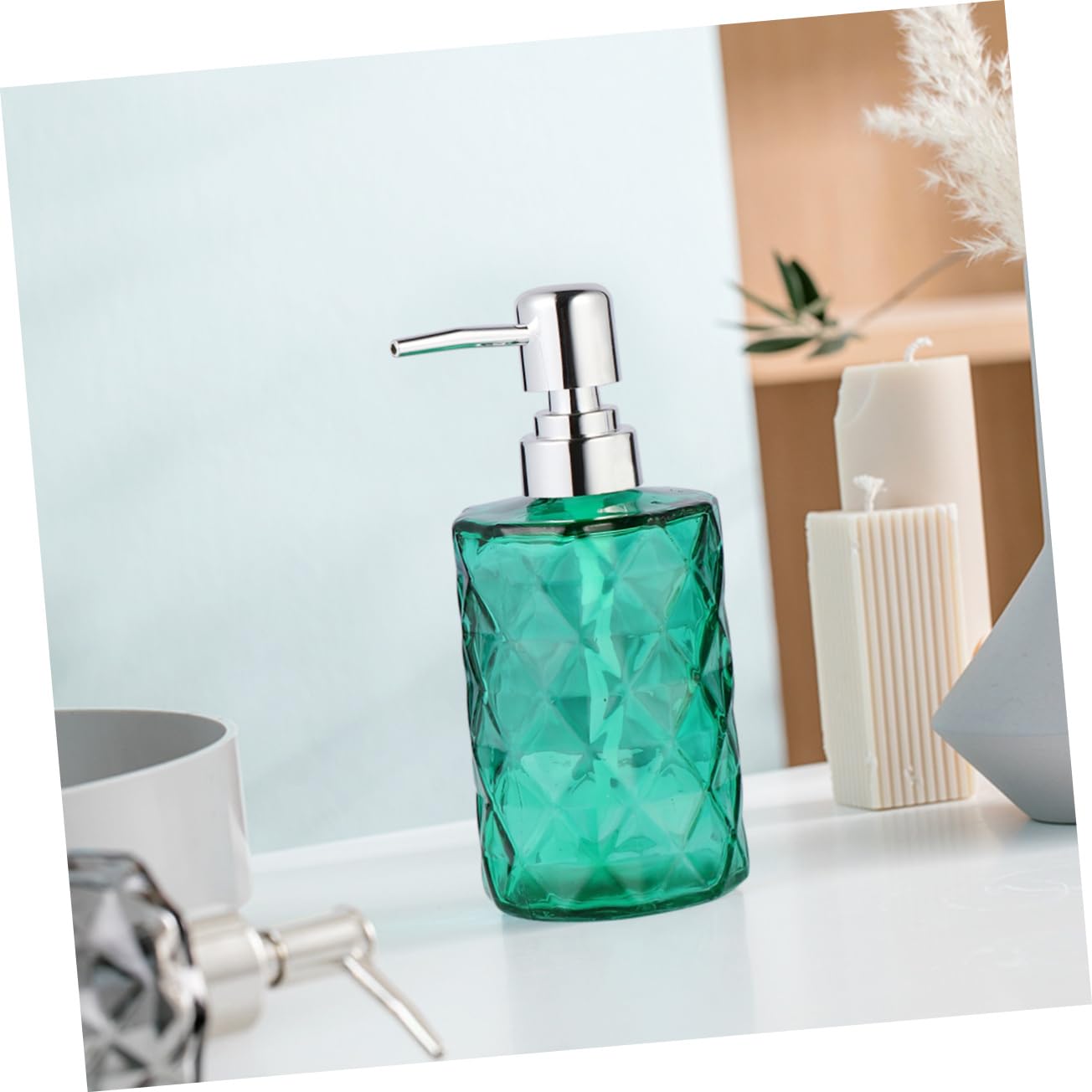TOPBATHY Set 2 Bottiglie Vuote in Vetro 330ml Con Pompa Argento Bottiglia Sub Per Shampoo e Lozione Bottiglia Pressata Con Motivo a Diamante Per Uso Bagno e Cosmetici