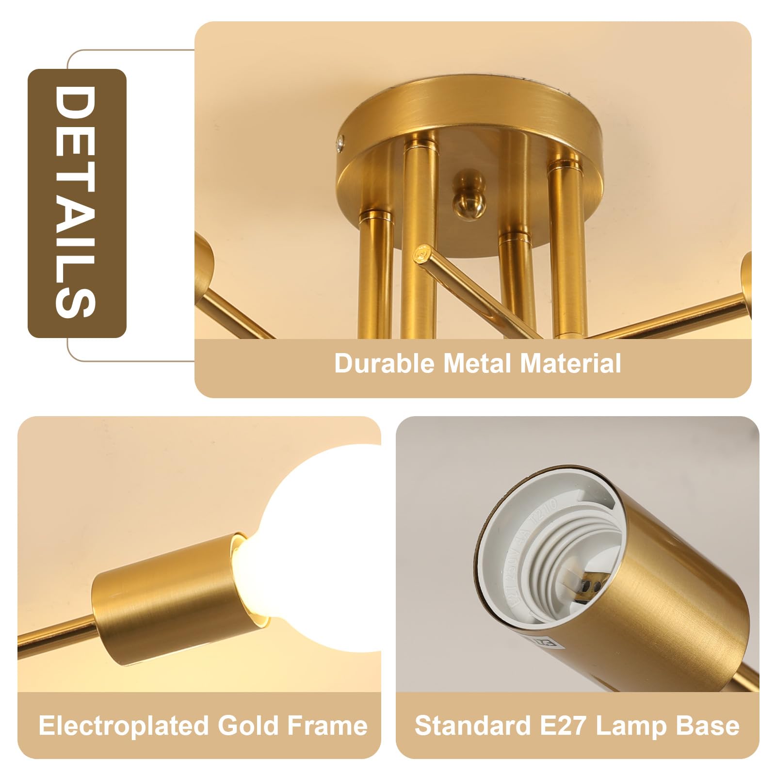 Comely Deckenlampe Vintage 4-Flammig, Industrielle Deckenleucht Gold mit E27-Fassung, Kronleuchter Retro für Wohnzimmer Schlafzimmer Esszimmer Flur