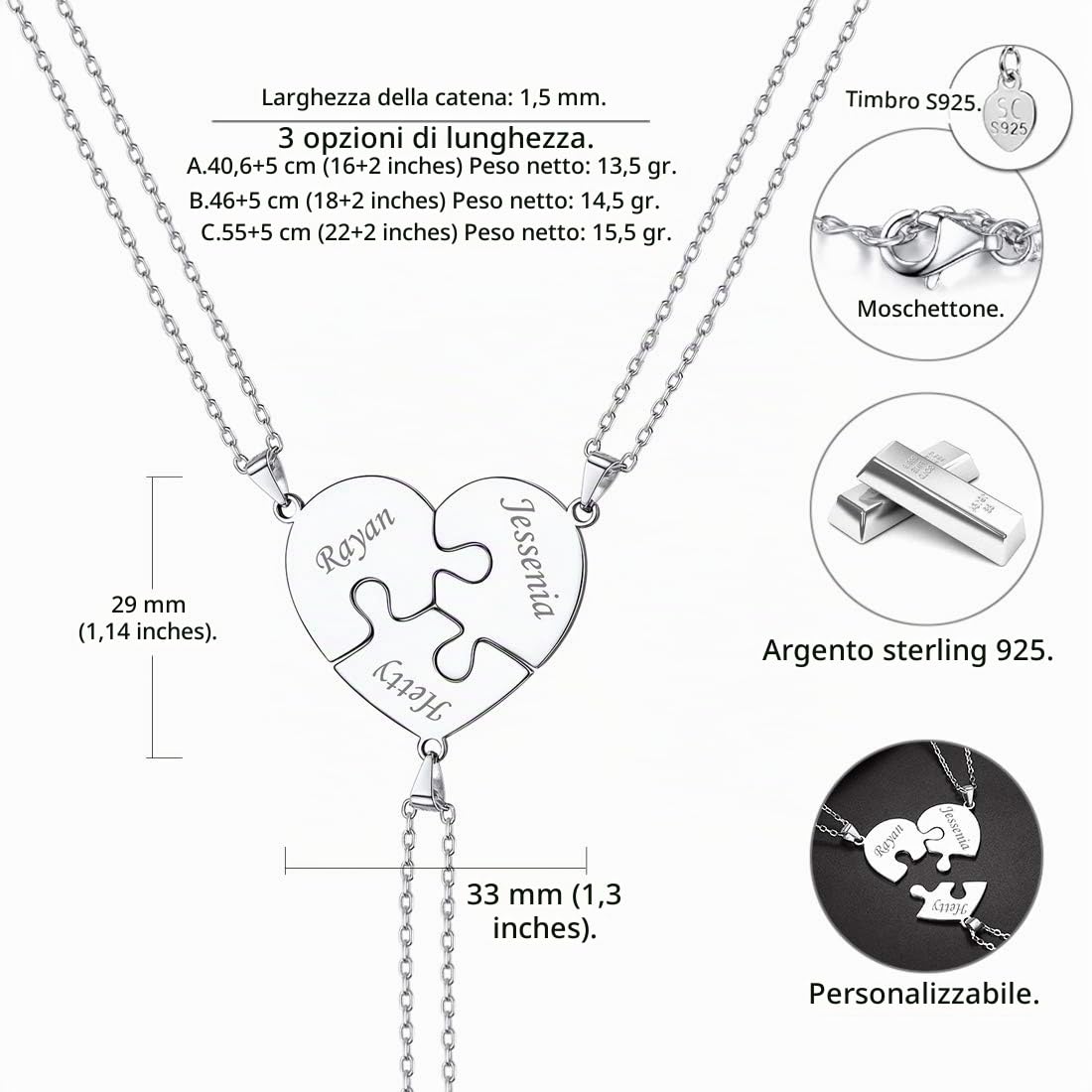 U7 2 3 4 5 6 PCS Collana Pendente Cindolo Puzzle Cuore Catena Regolabile 40 45 50 cm Acciaio Inossidabile/Placcato Oro 18K Gioiello per BBF Coppia Amici Famiglia Argento Nero Oro - Personalizzabile