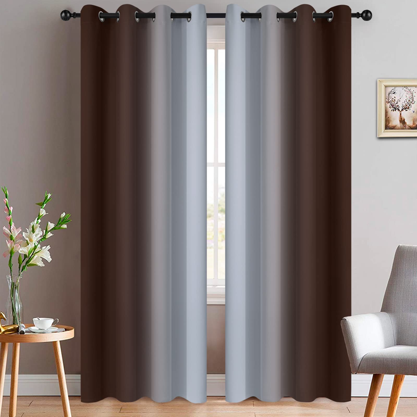 Yakamok 84 Inch Length Thermal Insulated Gradient Color Ombre Curtains with Grommet, Room Darkening Window Drapes for Bedroom (Brown and Greyish White, 52x84 Inch, Set of 2) โ image 1