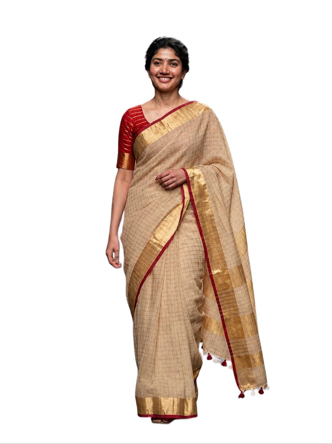 Handloom Linen Cotton Blend Saree, with Red-Gold Border and Contrast Blouse Piece-picture-53