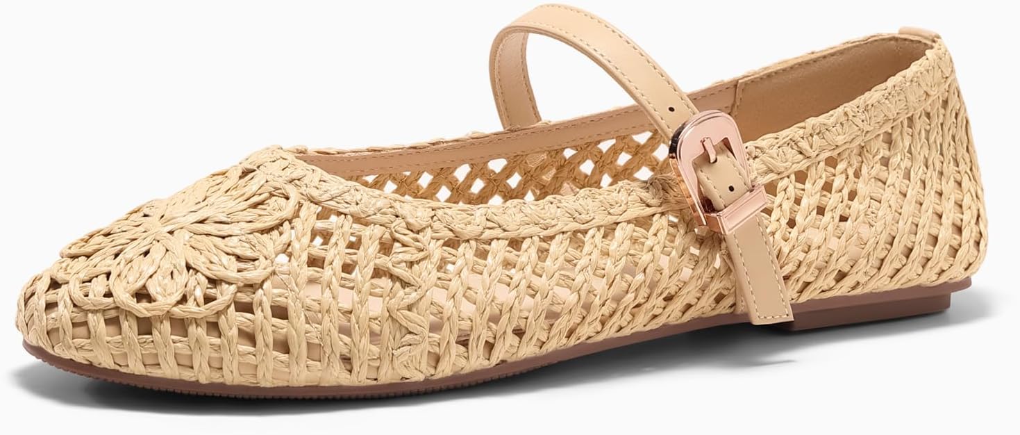 Coutgo Womens Mary Jane Woven Flats Round Toe Ballet Flats Dressy Comfortable Slip On Shoes - Image 6