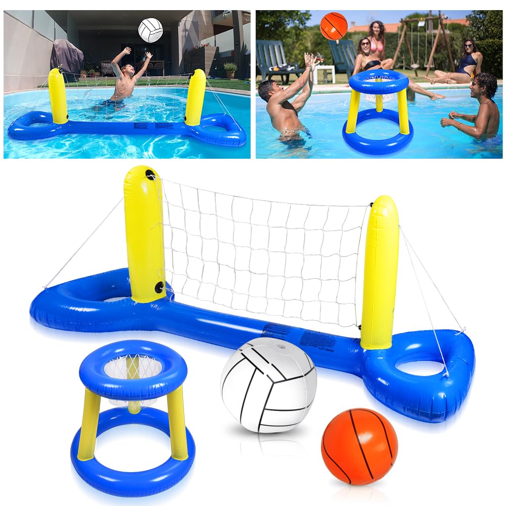 OSDUE Aufblasbares Volleyball-Set, Pool Float Set mit Netz, Körben & Bällen für Kinder und Erwachsene