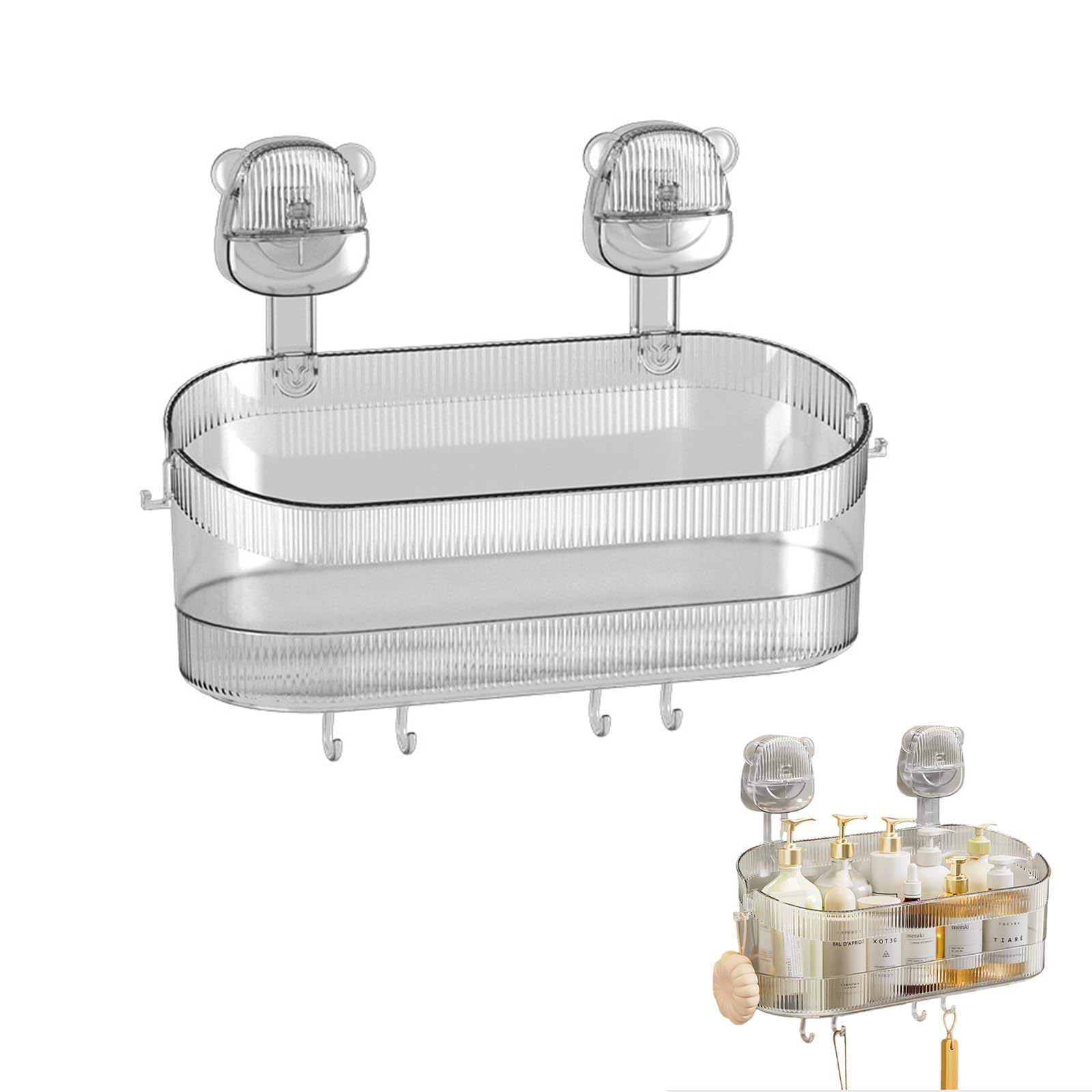Shower Caddy Suction Cup No Drilling Rustproof Bathroom Shower Shelf Hanging Corner Shower Shelves with 4 Portable Hooks