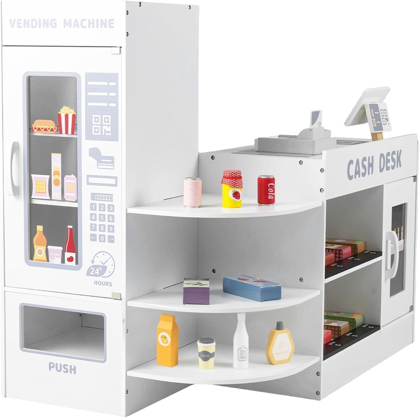Maxmass Kids Pretend Grocery Store, Wooden Children Supermarket Playset with Rich Accessories, Vending Machine, Scanning Area, POS Machine & Screen, Toddler Play Shop for 3-8 Years Old (13PCS, White)
