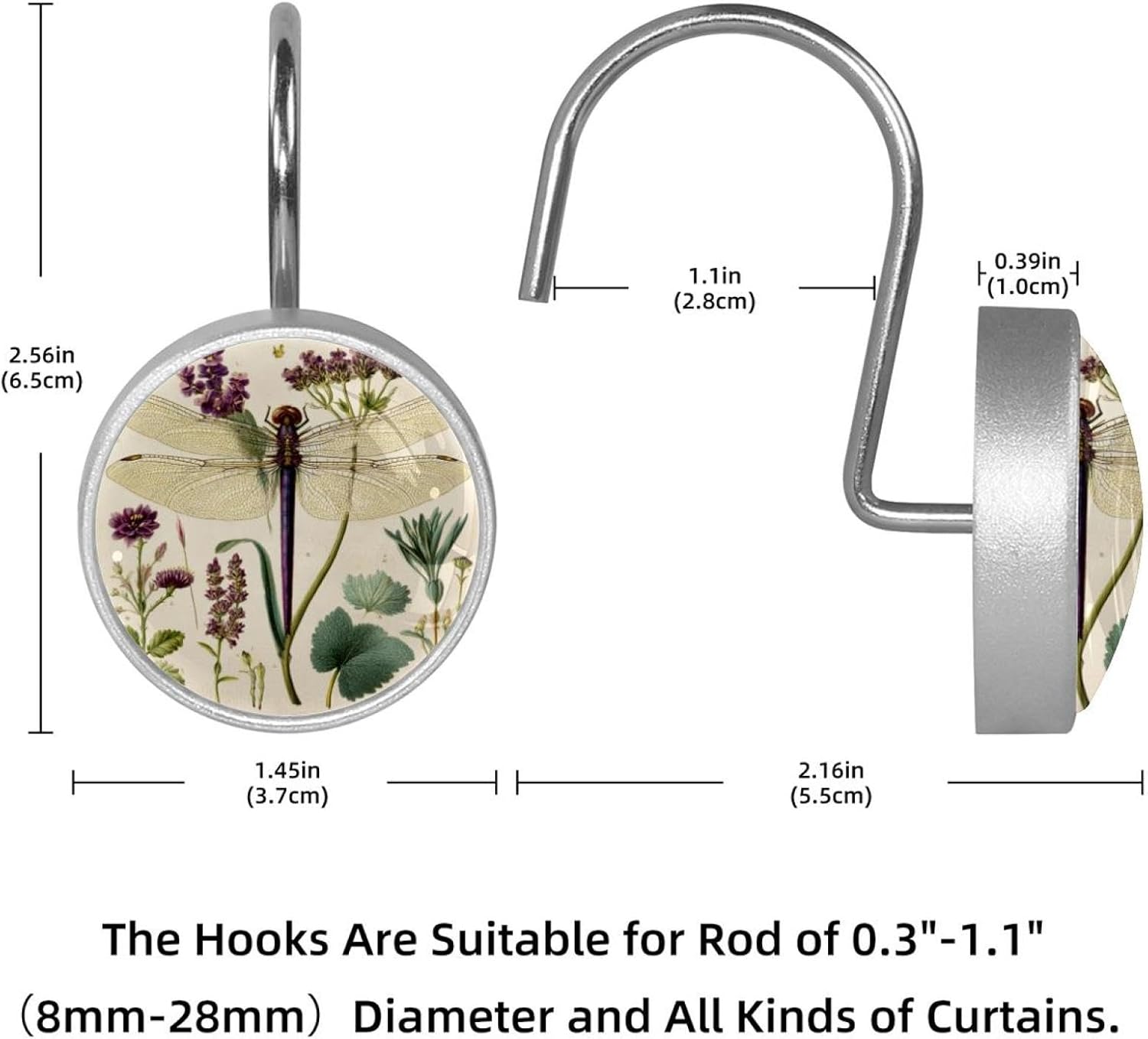 12PCS Purple Dragonfly Antique Botanical Wildf (5) Shower Curtain Hooks Metal Rust Resistant Decorative Shower Curtain Hooks Bathroom Decorations