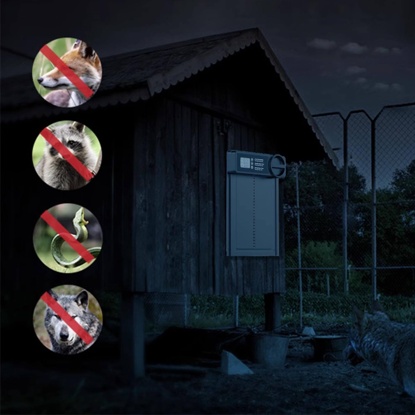 Puerta automática de gallinero con temporizador, control manual, seguridad antipellizcos y pantalla LCD grande
