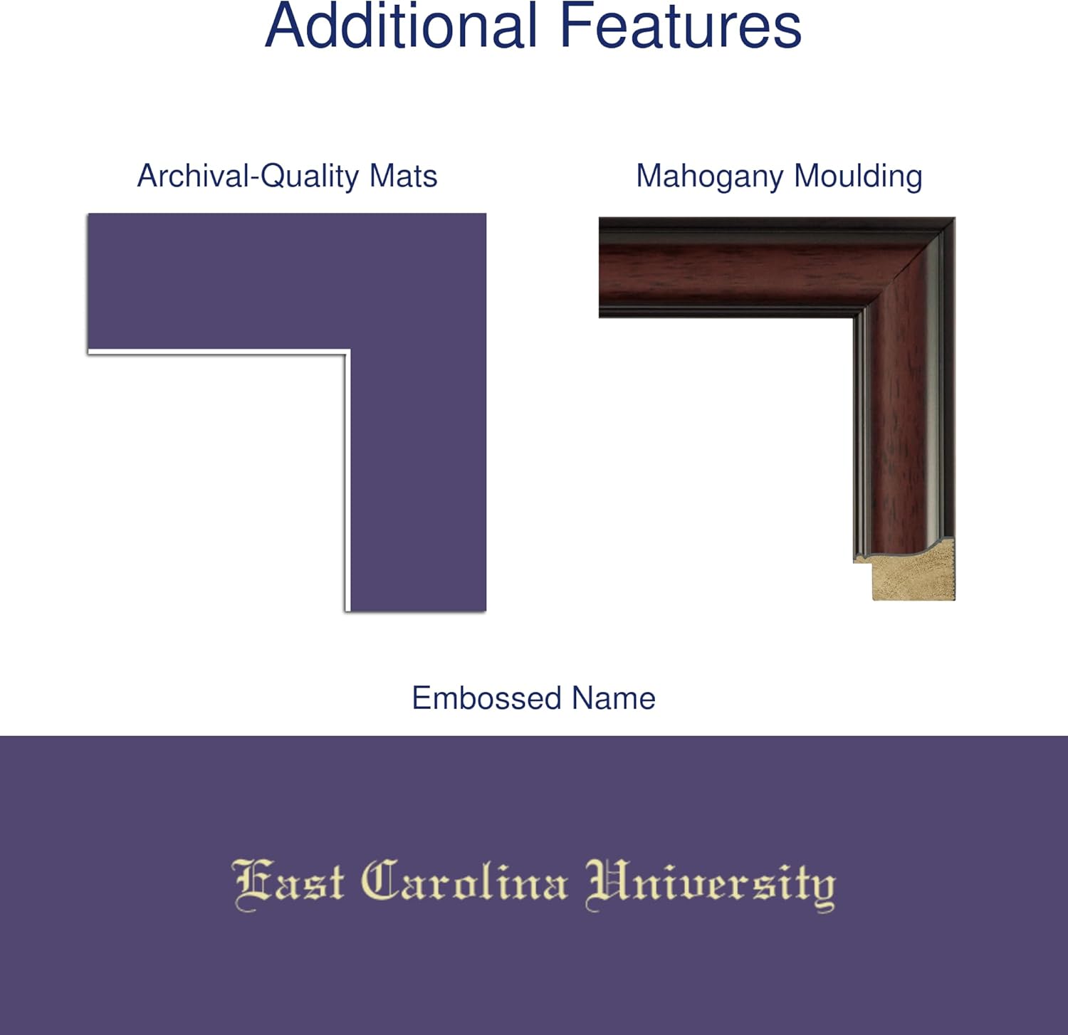 Church Hill Classics - East Carolina University 14" w x 11" h Diploma Frame - Fits a bachelor's, master's and phd - Gold Embossed Diploma Frame - Mahogany Moulding with Purple Matting