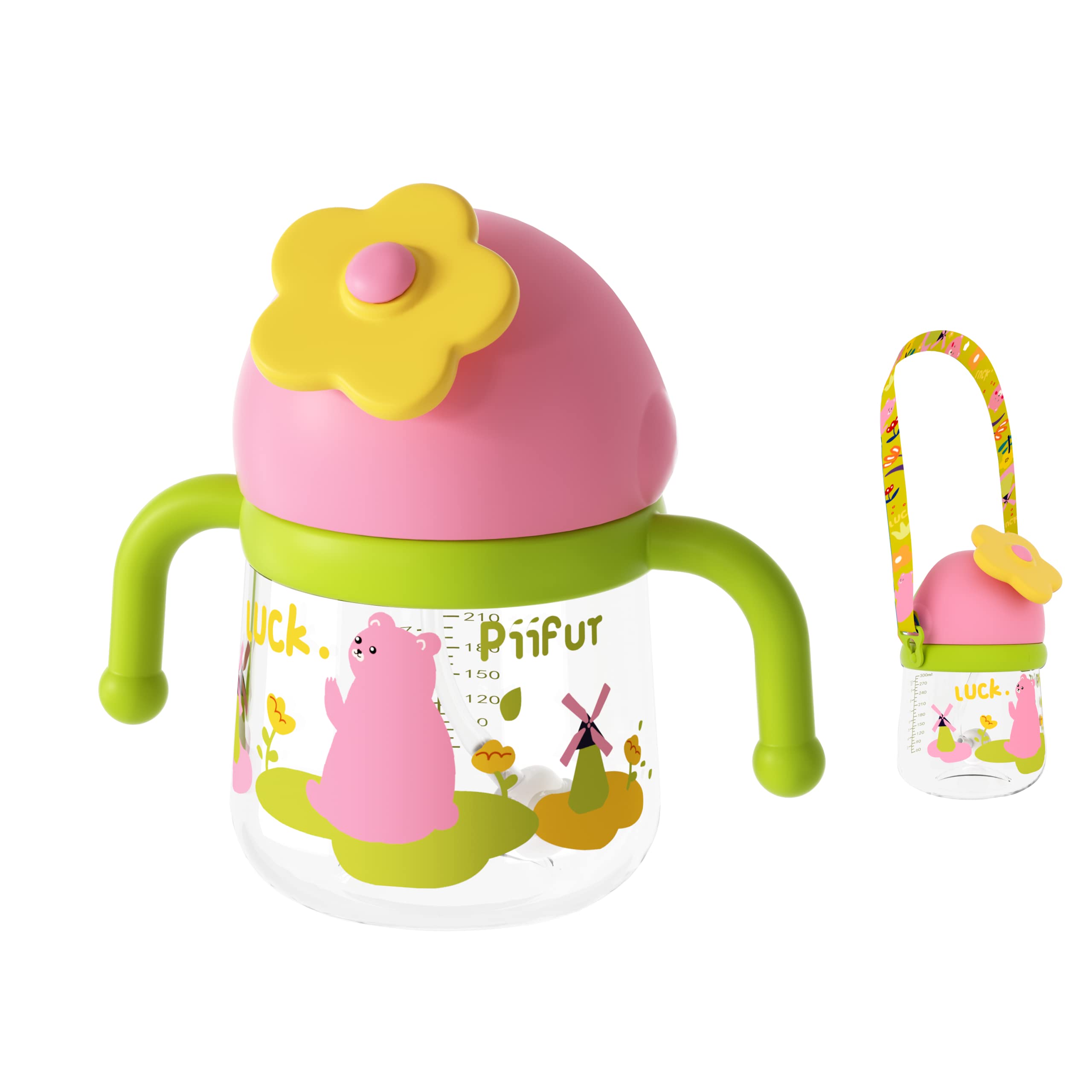 Piifur Weighted Straw Sippy Cup with Strap, Spill Proof Sippy Cups for Baby 2 Year Old, Trainer Cup for Toddlers, 10oz/300ml, Green