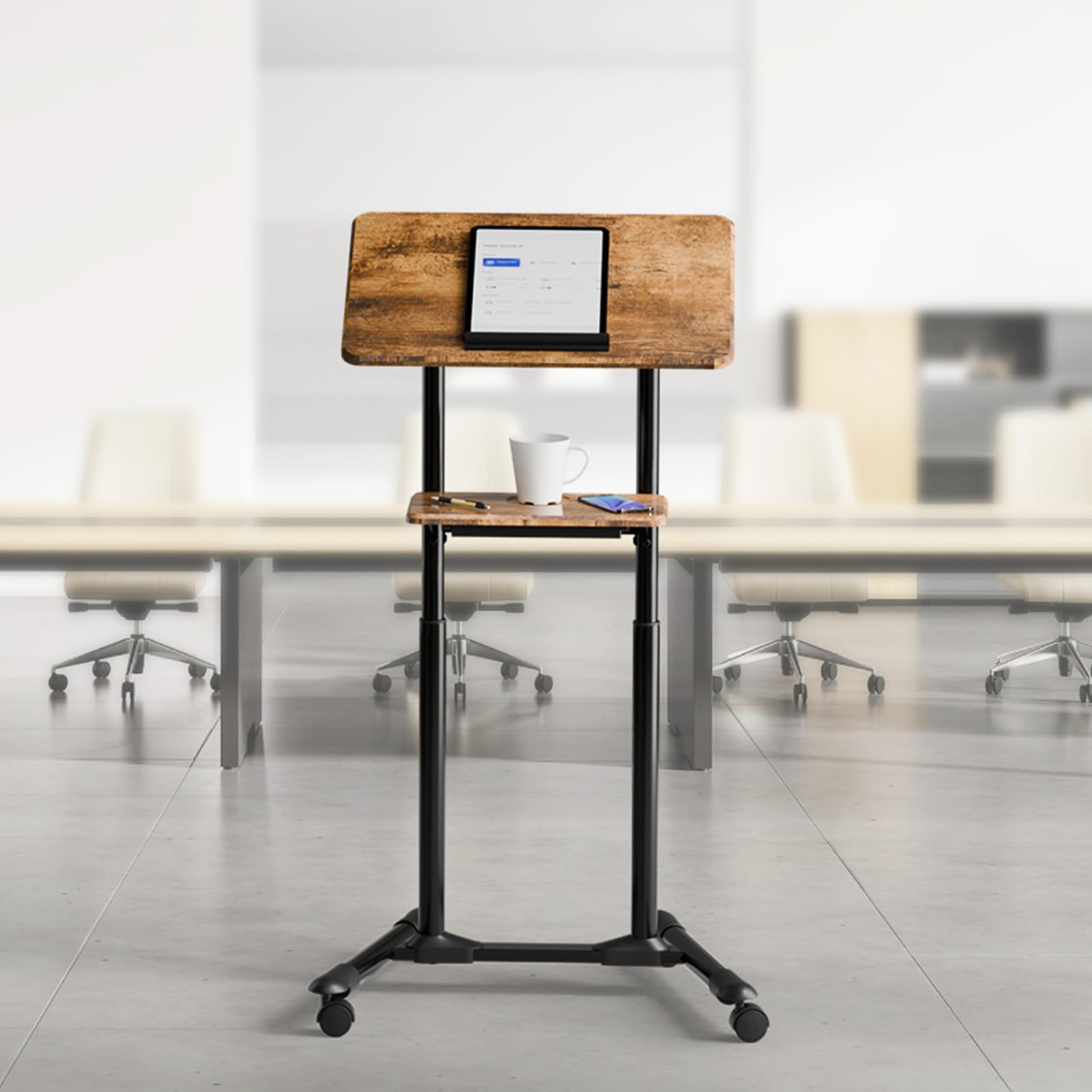 ETHU Stehpult Höhenverstellbar, Mobiler Laptop-Schreibtisch mit Kippbarem Tisch und Schubladen, Höhenverstellbarer Schreibtisch mit Rollen, Mobiles Rednerpult für Büro & Home, inkl. Tassenhalterung