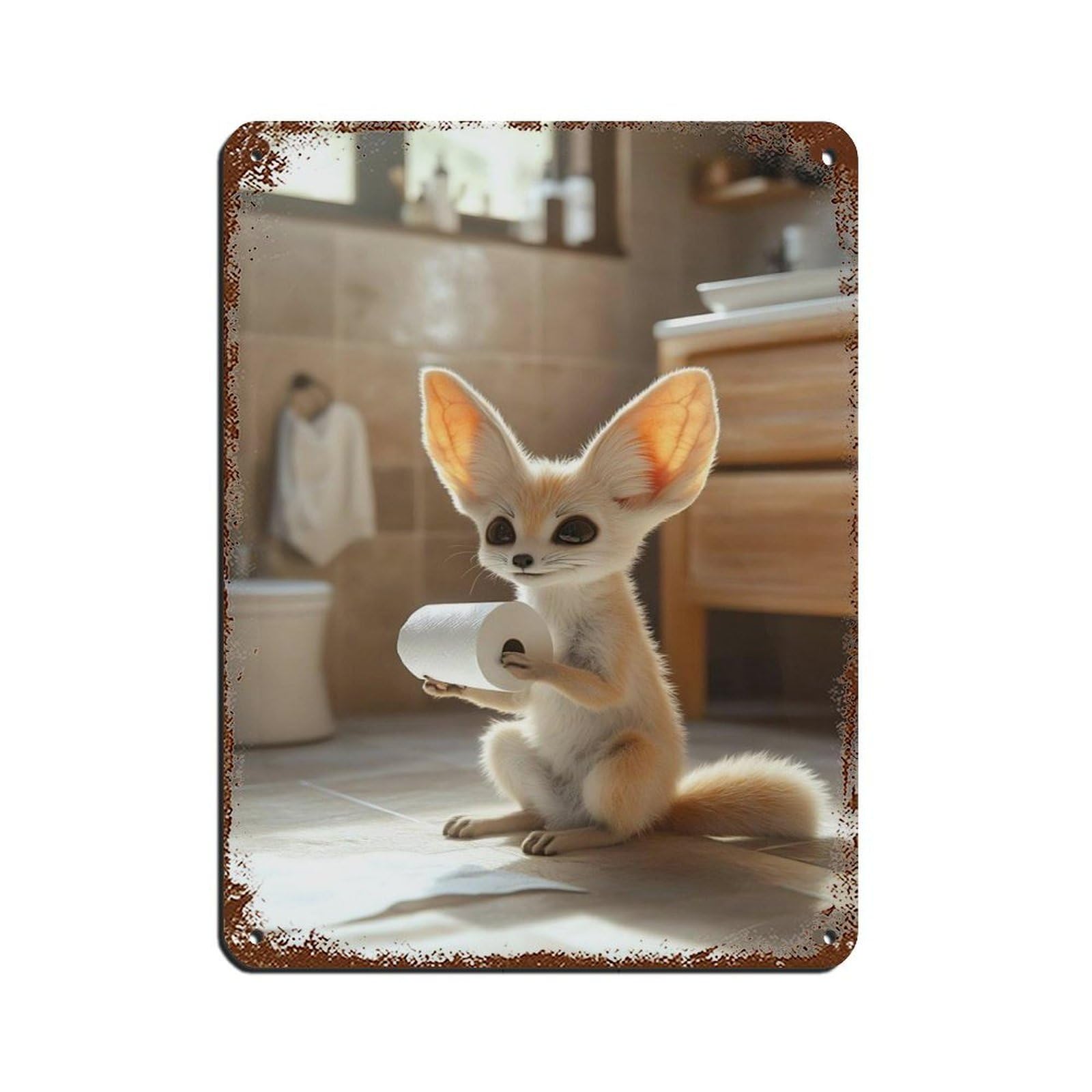 Cute Fennec Fox Holding Toilet Paper Tin Sign Vintage Metal Pub Club Cafe Bar Home Wall Art Decoration Poster Retro 12x16inch(30x40cm)