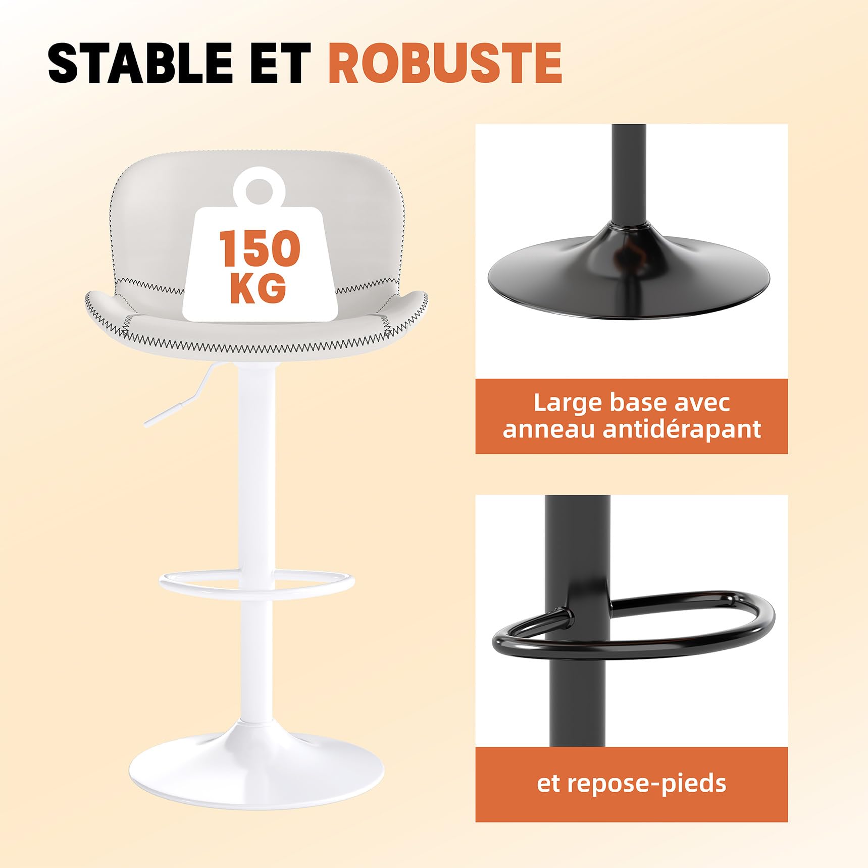 Youhauchair Tabouret Bar, Tabouret de Bar Réglable en Hauteur en Cuir PU, Chaise de Bar avec Dossier et Repose-Pieds, Chaise Haute Cuisine Pivotant, Moderne, Blanc