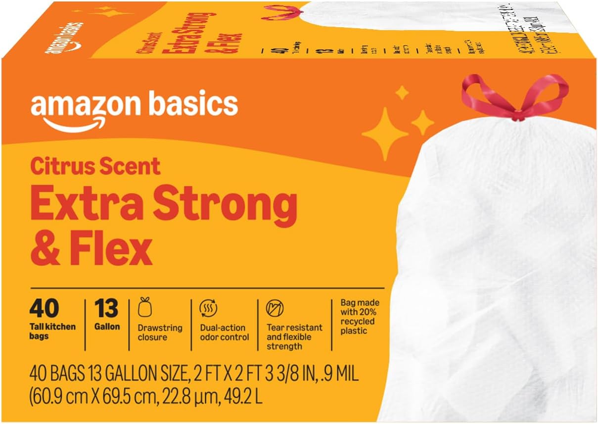 Amazon Basics Extra Strong & Flex Tall Kitchen Drawstring Trash Bags, Citrus Scent, 13 Gallon, 40 Count