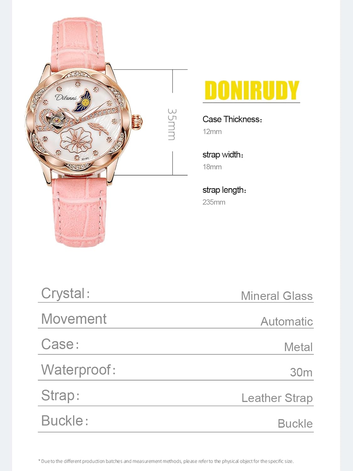 Women's Automatic Watch with Moon Phase & Mother of Pearl Dial, 36mm Rose Gold Diamond & Floral Wristwatch, Genuine Leather Strap - Image 9