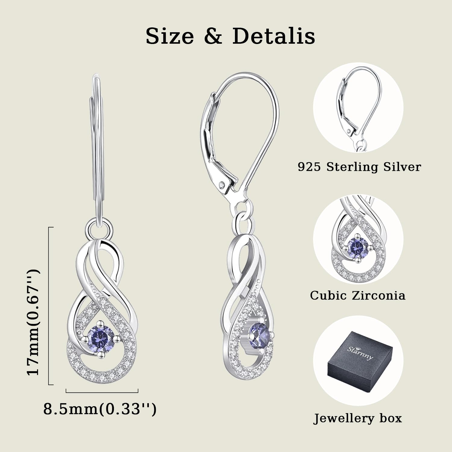 Unendlichkeit Ohrringe Damen 925 Sterling Silber Baumeln haengende mit 3A Zirkonia Geburtsstein für Frauen