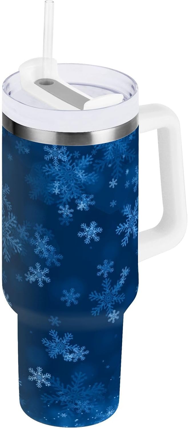 YETTASBIN Christmas Blue Snowflake 40 oz Tumbler with Handle, Stainless Steel Vacuum Insulated Sports Water Bottle, Leak-proof Travel Coffee Mug Cup with Lid and Straw for Water, Iced Tea or Coffee