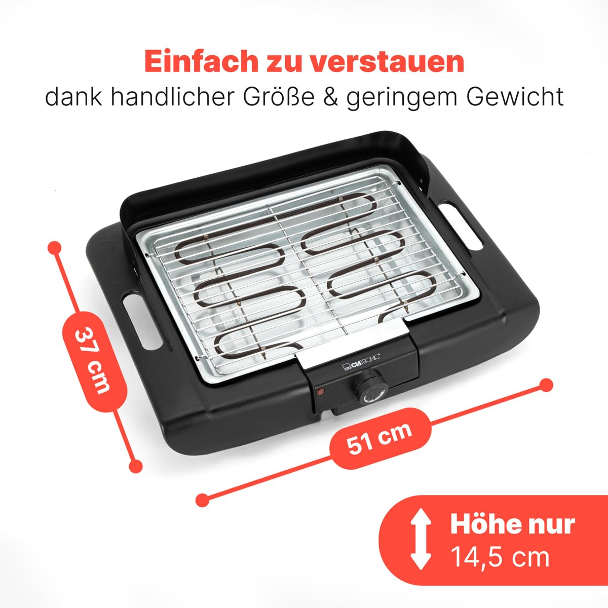 Clatronic Gril électrique BQ 3507, Barbecue de table,Indoor-Outdoor BBQ,petit,gril de table électrique pour balcon/camping/jardin,grille,protection contre le vent,surface de gril: 36x25 cm, 2000 watts