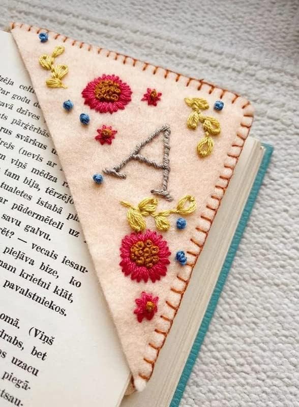Personalized Hand Embroidered Corner Bookmark, Hand Stitched Felt Corner Letter Bookmark, Felt Triangle Bookmark, Cute Flower Letter Embroidery Bookmarks for Book Lovers