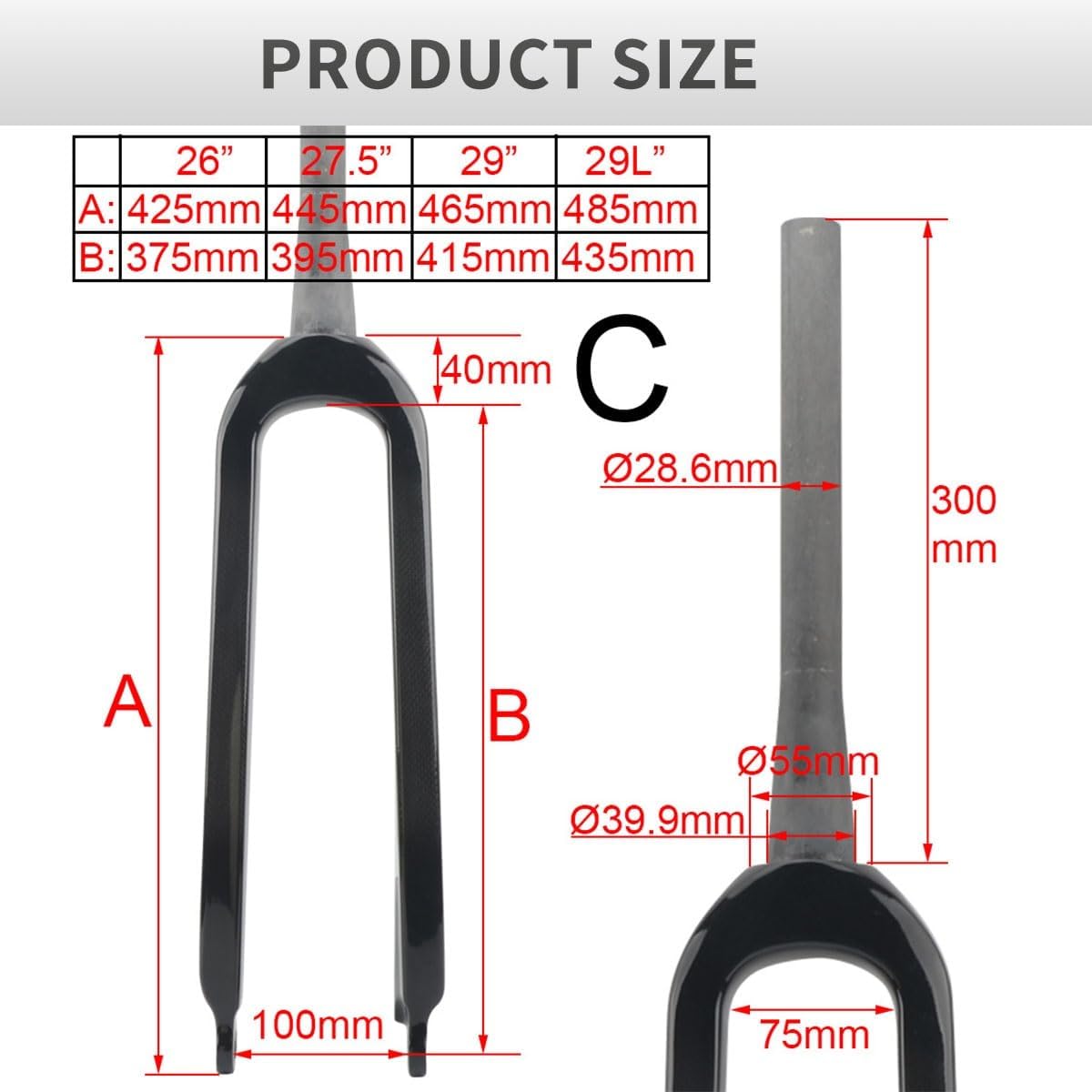 26/27.5/29''/ 29L Mountain Bike Rigid Fork Carbon Fiber Bike Hard Fork 28.6mm 1-1/2'' Tapered Tube Rigid Fork Disc Brake Bikes Front Forks QR