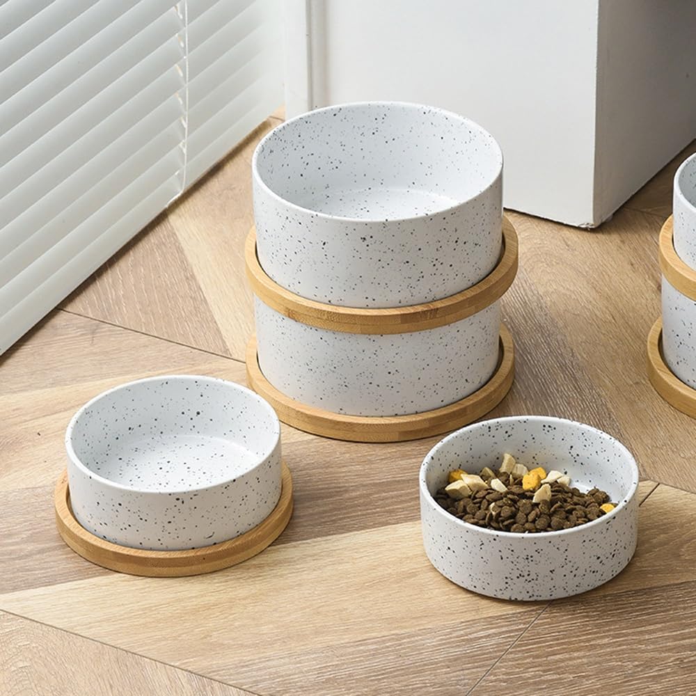 Ceramiczna miska dla psa Obciążona miska na karmę dla psa z drewnianą podkładką Miska na karmę dla zwierząt, miska na mokrą lub suchą karmę i wodę, akcesoria dla kotów domowych(Single tray)