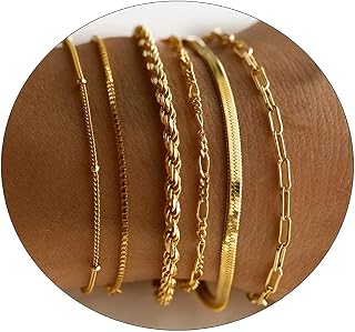 Gold Bracelets for Women 14K Gold Herringbone Bracelets Sets Dainty Herringbone Jewelry Stackable Figaro Chain Paperclip Link Chain Cute Anklet Bracelet Pack Gifts for Women Girls